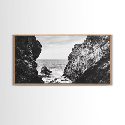 Rocky Coast View, Ocean Cliffs Art, Coastal Wilderness, Monochrome Seascape, Canvas Print, Bathroom Wall Art, Rustic Minimalist Style