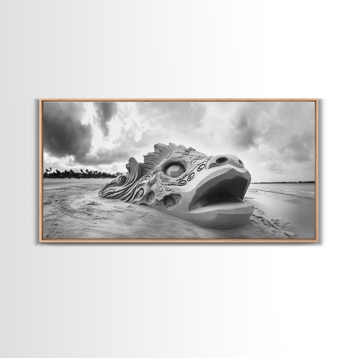 Dragon Head Sculpture, Beach Sand Art, Mythical Creature Decor, Fantasy Vibes, Framed Canvas Print, Game Room Wall Art, Office Wall Art