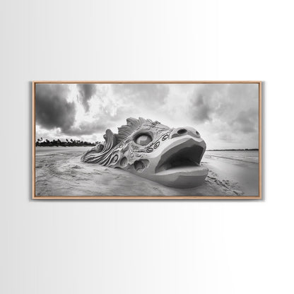 Dragon Head Sculpture, Beach Sand Art, Mythical Creature Decor, Fantasy Vibes, Framed Canvas Print, Game Room Wall Art, Office Wall Art