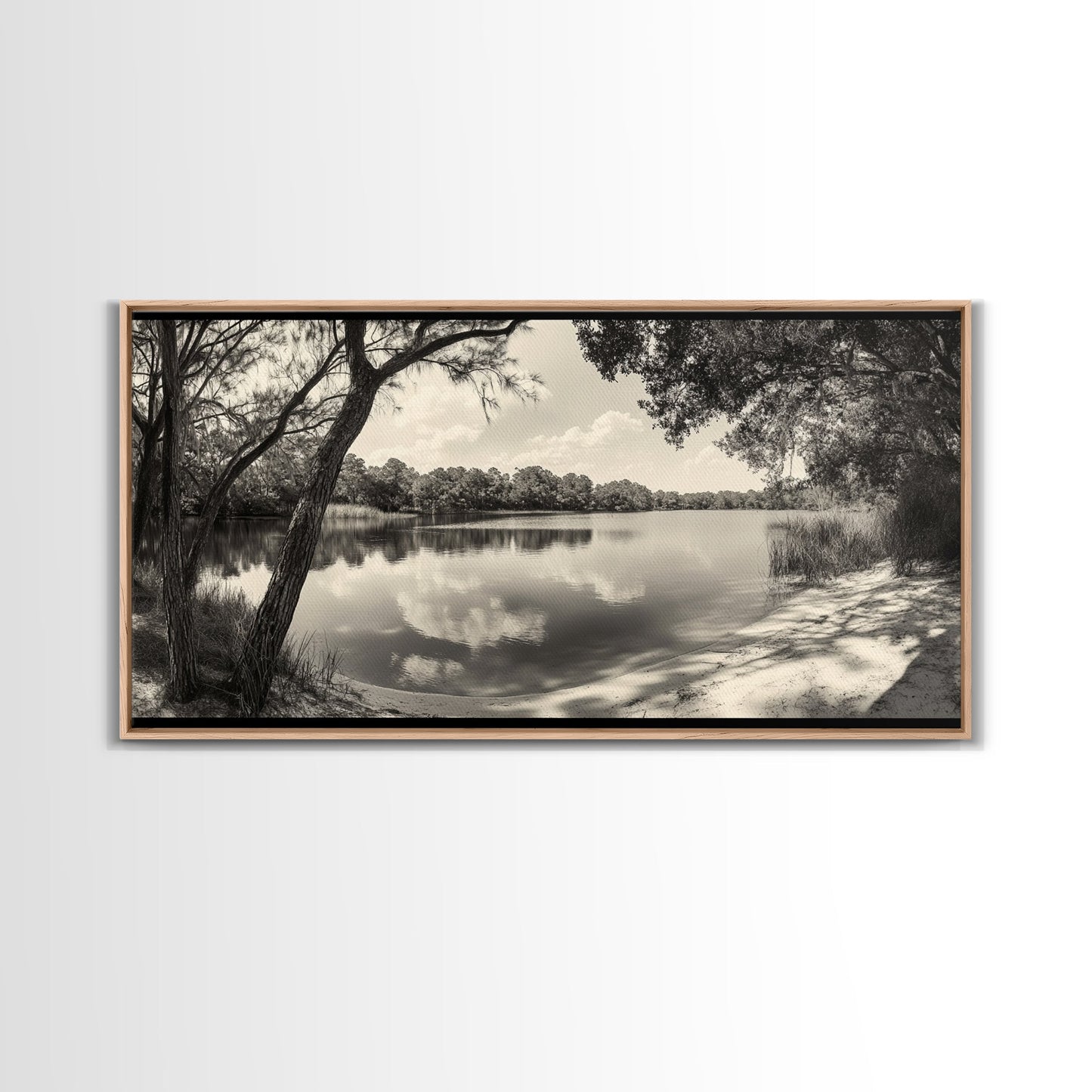 Tranquil Lake View, Peaceful Reflection Water, Nature Shoreline Print, Canvas Print, Entryway Wall Art, Rustic Neutral Decor, Rustic Bedroom Print
