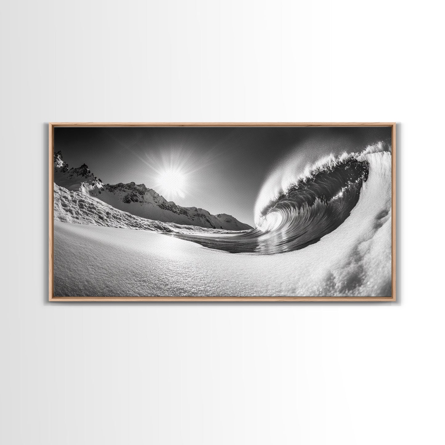 Arctic Wave Motion, Snowy Surf Curl, Mountain Sun Scene, Nature Energy Art, Canvas Print, Living Room Wall Art, Winter Adventure Decor