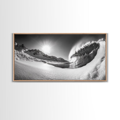 Arctic Wave Motion, Snowy Surf Curl, Mountain Sun Scene, Nature Energy Art, Canvas Print, Living Room Wall Art, Winter Adventure Decor