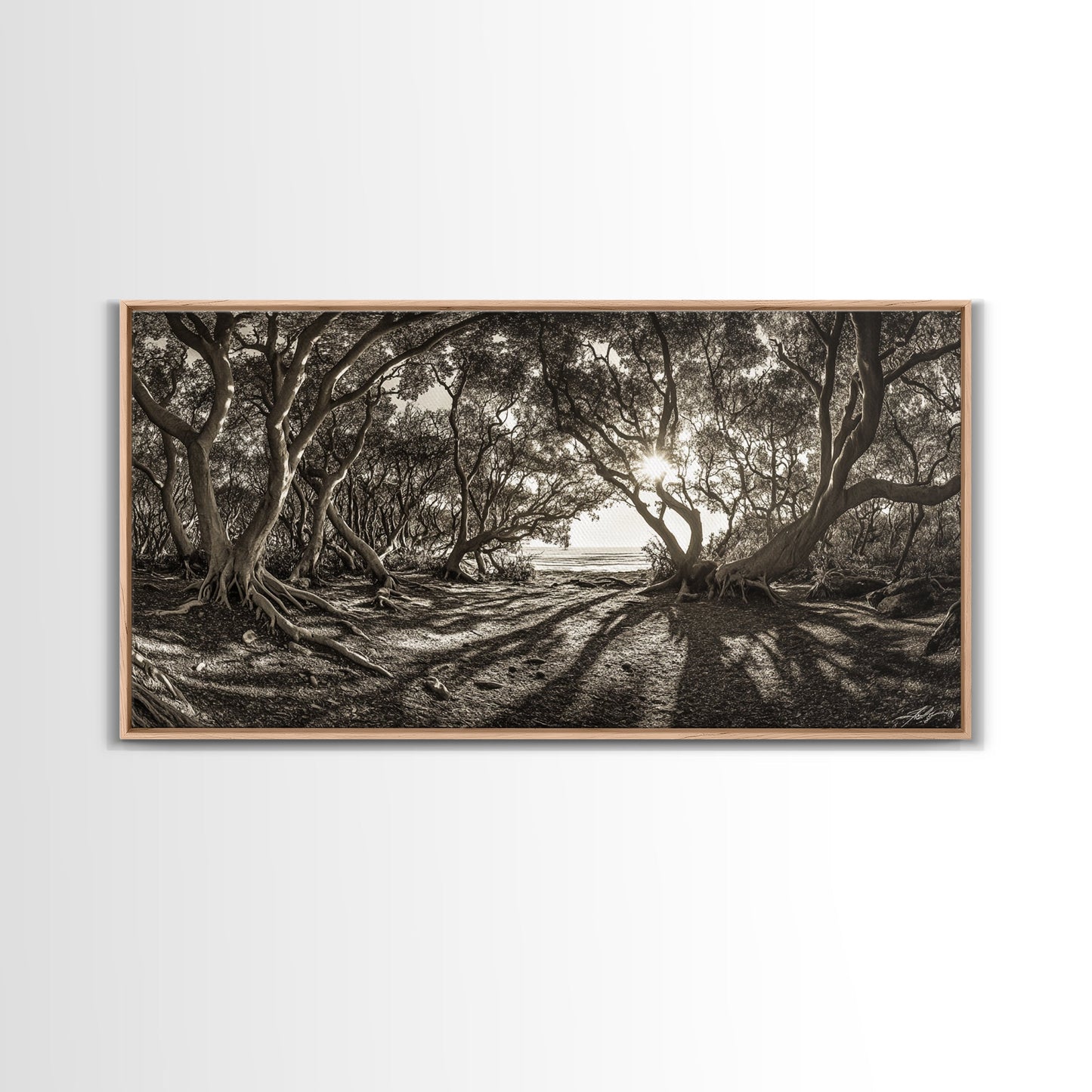 Verzauberter Wald – Licht, Baumschatten, Naturlandschaft, gerahmter Leinwanddruck, rustikale Wandkunst, Walddeko für den Eingangsbereich, Boho-Walddruck