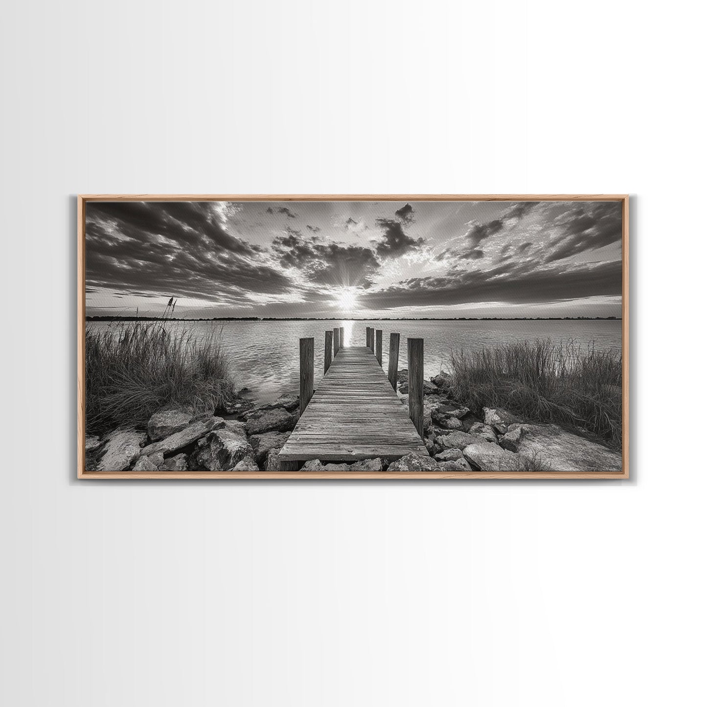 Rustic Dock Sunset, Lakehouse Art, Black White Landscape, Framed Canvas Print, Country Home Decor, Cabin Wall Art, Lakeside Tranquility