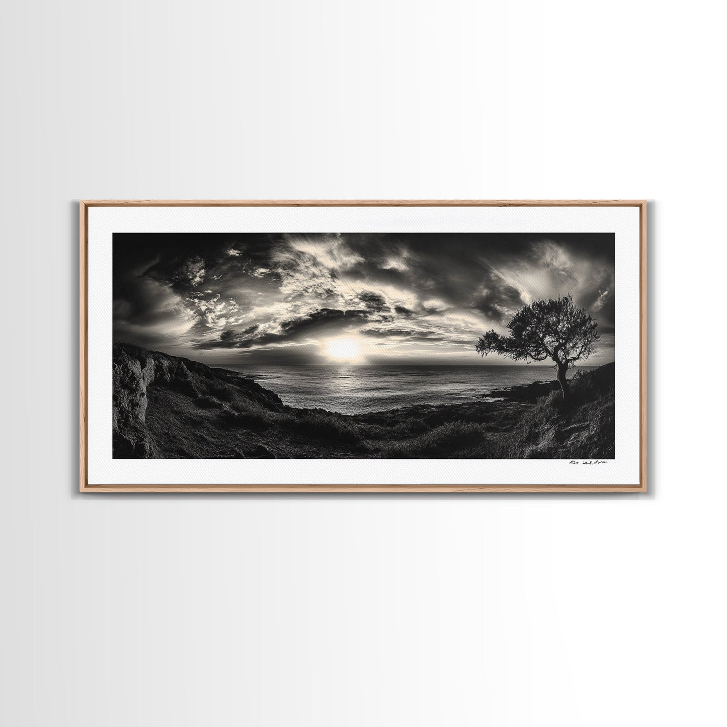 Dramatischer Sonnenuntergang über dem Meer, Küstenbaum, monochrome Landschaft, Leinwanddruck, Wandbild fürs Wohnzimmer, surreale Naturansicht, Meeresblick-Druck