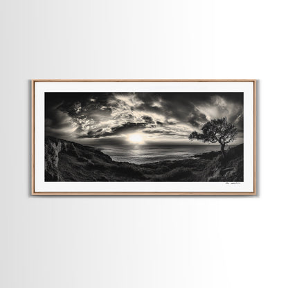 Dramatischer Sonnenuntergang über dem Meer, Küstenbaum, monochrome Landschaft, Leinwanddruck, Wandbild fürs Wohnzimmer, surreale Naturansicht, Meeresblick-Druck
