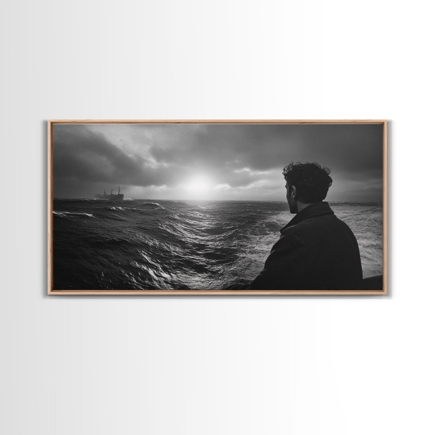 Mann beobachtet Meer, stürmischer Ozeanblick, emotionale Szene, Leinwanddruck, stimmungsvolle Küstendekoration, Wandbild fürs Büro, maritimer Monochrom-Stil