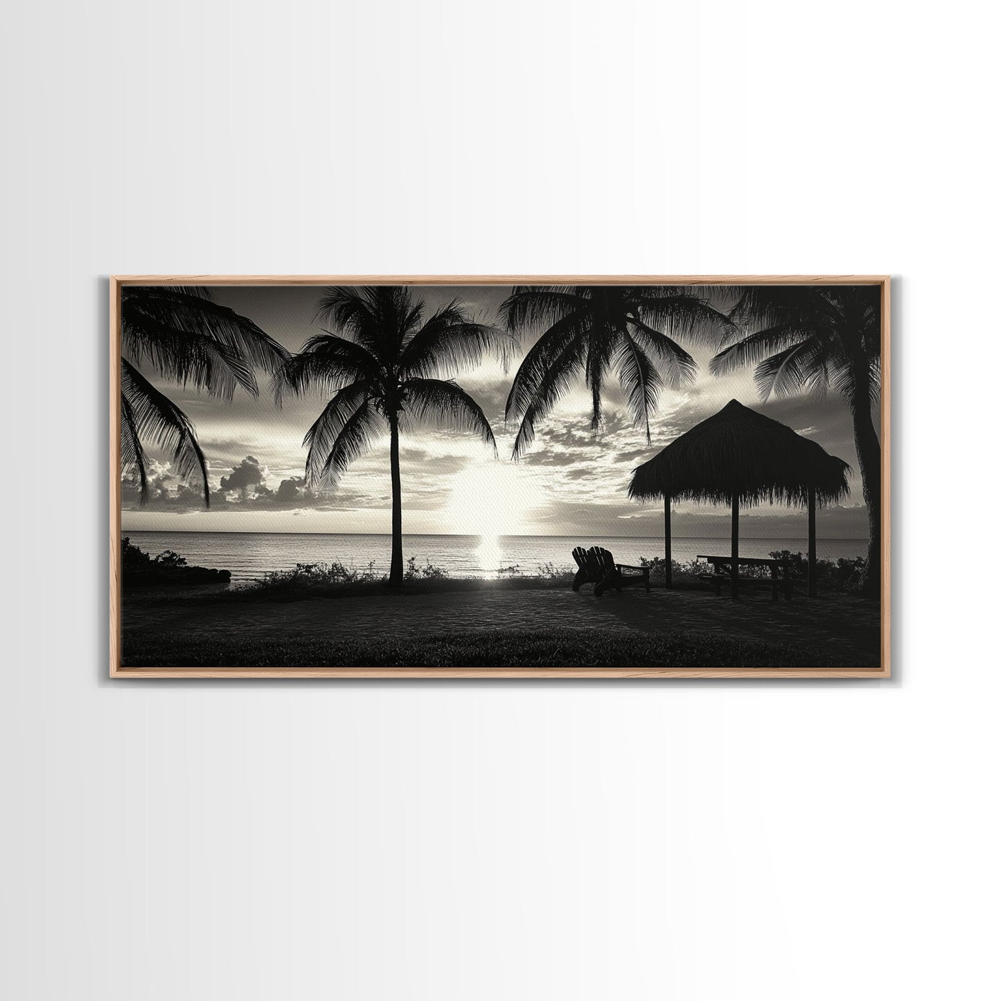 Palm Trees, Beach Sunset, Ocean View, Tiki Hut, Framed Canvas Print, tropical wall art, beach house decor, living room boho art
