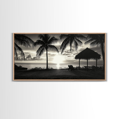 Palm Trees, Beach Sunset, Ocean View, Tiki Hut, Framed Canvas Print, tropical wall art, beach house decor, living room boho art