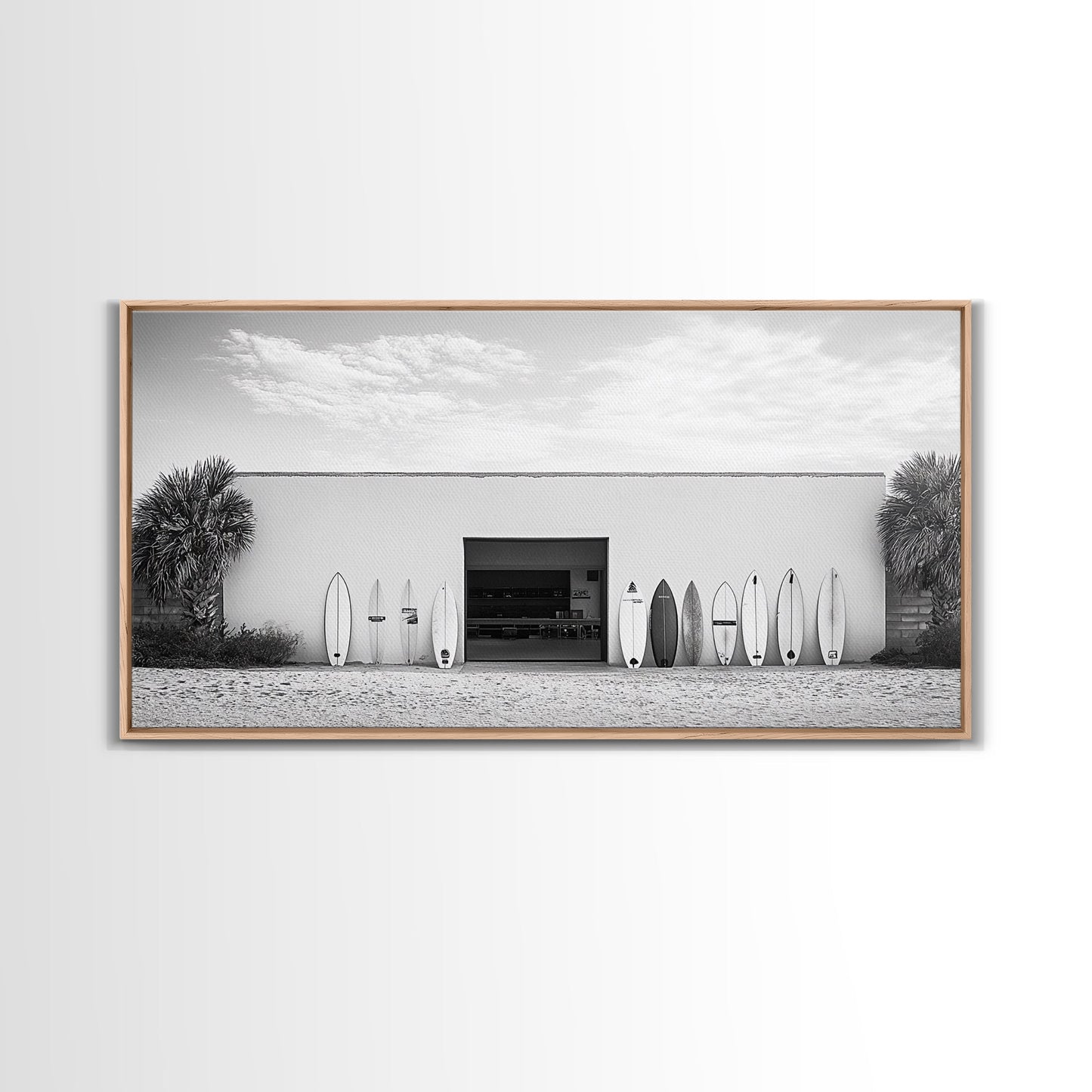 Surfboards, Beach Garage, Modern Coastal, Ocean Style, Framed Canvas Print, surf shack decor, teen room wall art, minimalist beach art