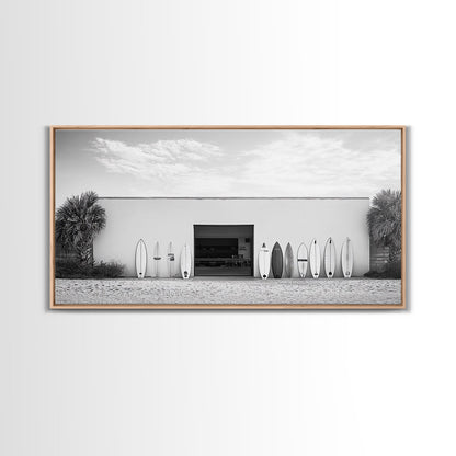 Surfboards, Beach Garage, Modern Coastal, Ocean Style, Framed Canvas Print, surf shack decor, teen room wall art, minimalist beach art