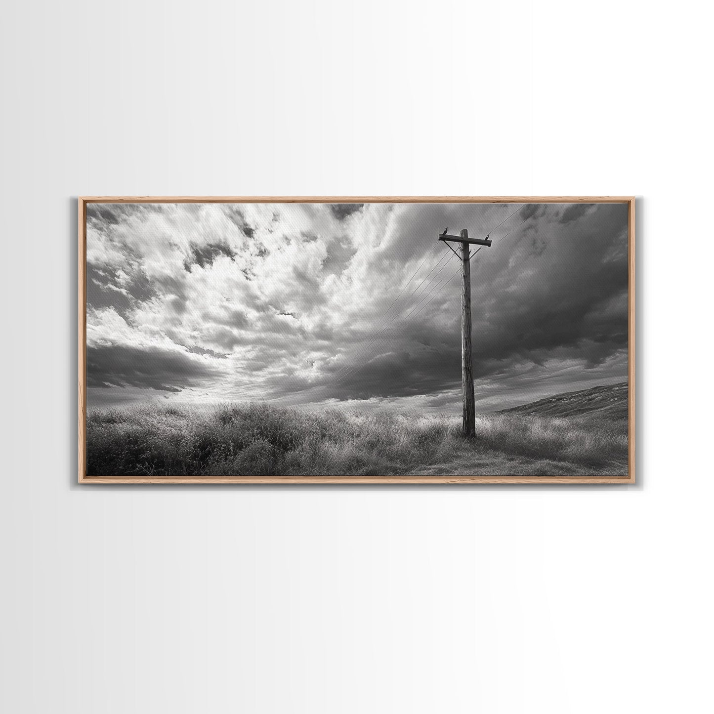 Strommast, ländliche Landschaft, stürmischer Himmel, ländliche Ruhe, gerahmter Leinwanddruck, Wandbild für den Eingangsbereich eines Bauernhauses, rustikaler Schwarz-Weiß-Druck