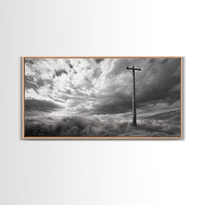 Strommast, ländliche Landschaft, stürmischer Himmel, ländliche Ruhe, gerahmter Leinwanddruck, Wandbild für den Eingangsbereich eines Bauernhauses, rustikaler Schwarz-Weiß-Druck