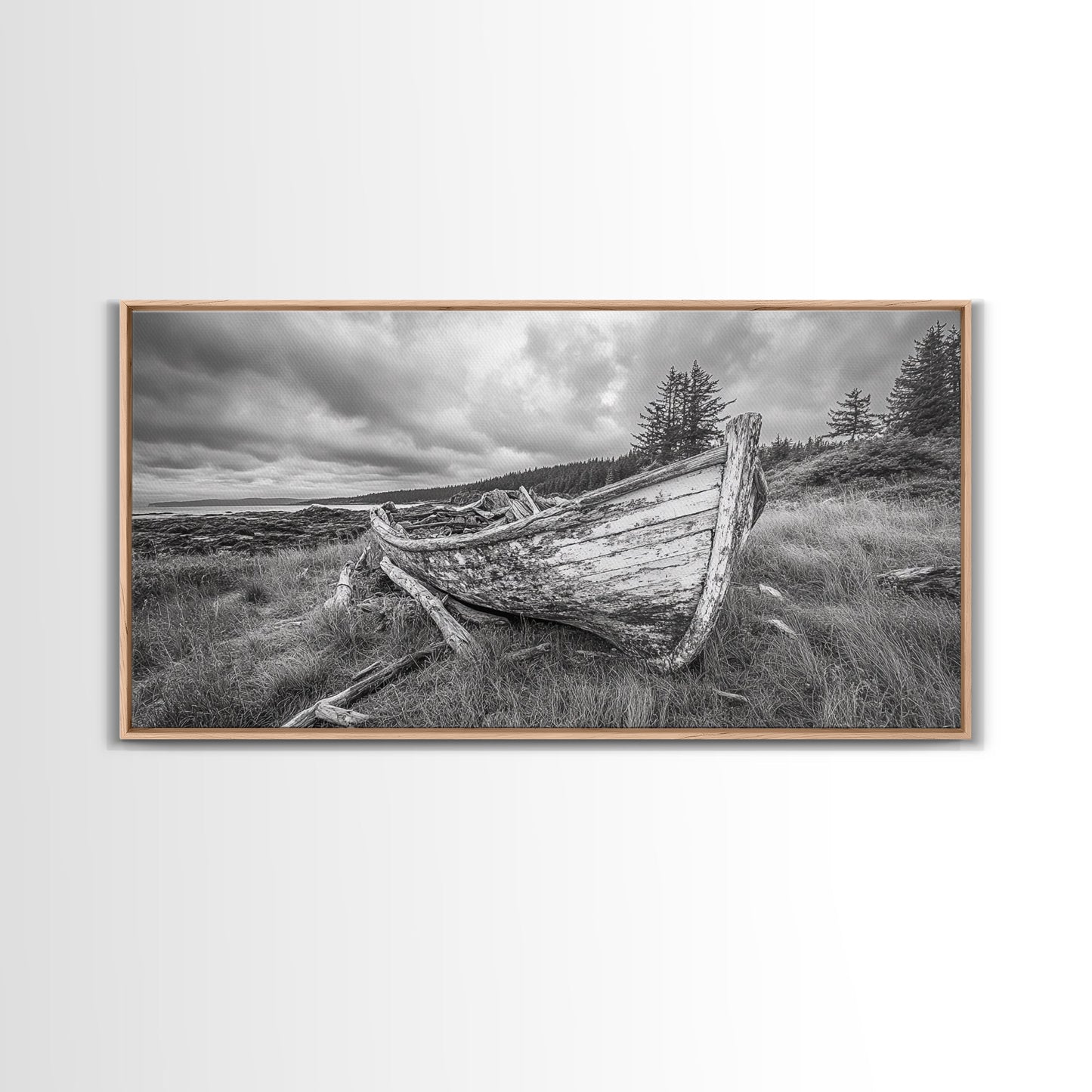 Abandoned Boat, Weathered Vessel, Coastal Forest, Framed Canvas Print, Farmhouse Wall Art, Rustic Cabin Decor, Autumn Vibe, Living Room Art