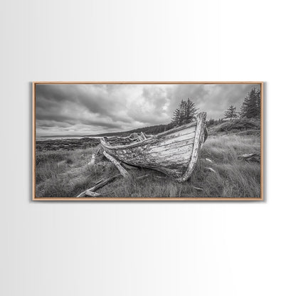 Abandoned Boat, Weathered Vessel, Coastal Forest, Framed Canvas Print, Farmhouse Wall Art, Rustic Cabin Decor, Autumn Vibe, Living Room Art