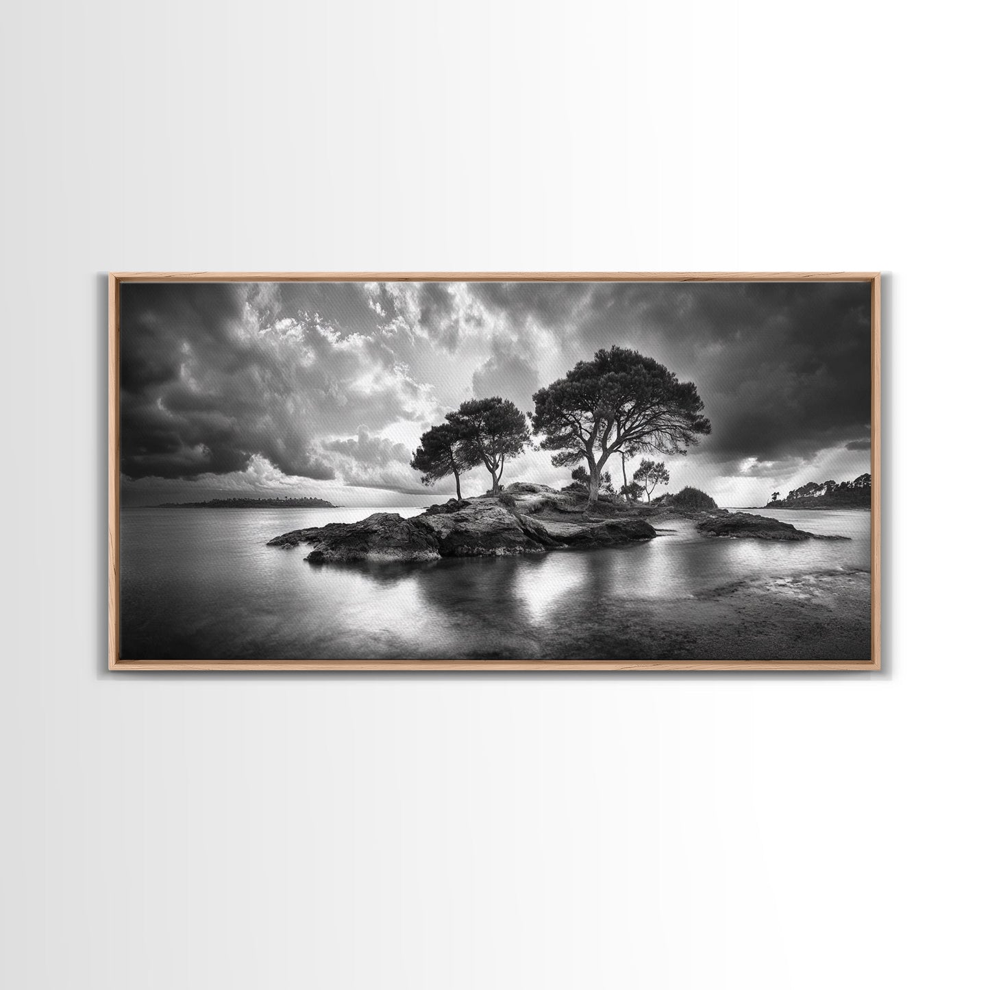 Island Pines, Rocky Shoreline, Peaceful Water, Stormy Sky, Framed Canvas Print, coastal art, rustic nature wall art, neutral living room decor