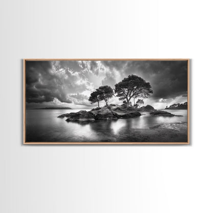 Island Pines, Rocky Shoreline, Peaceful Water, Stormy Sky, Framed Canvas Print, coastal art, rustic nature wall art, neutral living room decor