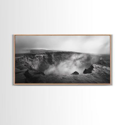 Vulkankrater, rauchige Erde, epische Landschaft, gerahmter Leinwanddruck, ausdrucksstarke Naturkunst, Dekoration fürs Arbeitszimmer, stimmungsvolle Schwarzweißfotografie