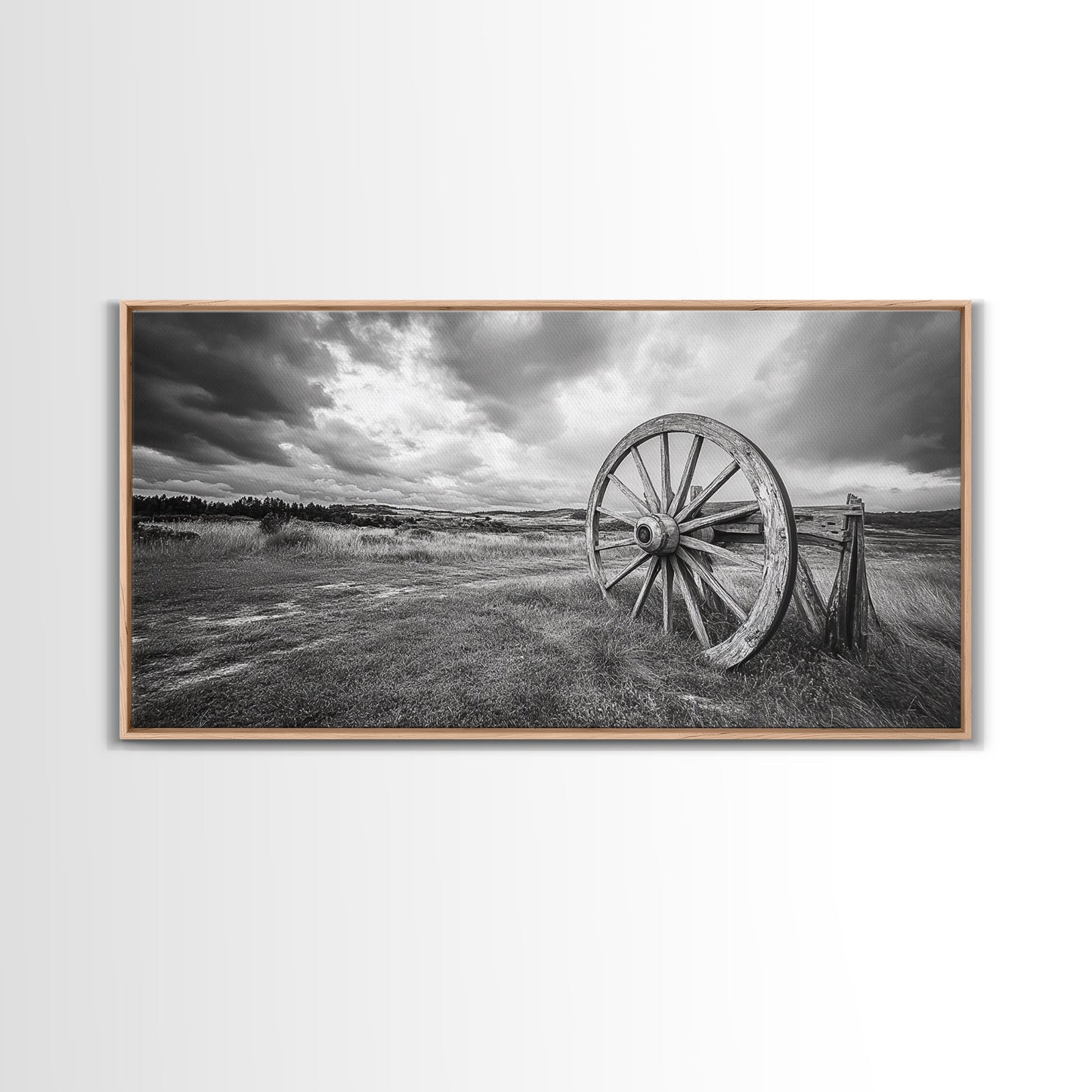 Prairie Wagon Wheel, Western Landscape, Rustic Field, Canvas Print, Country Farmhouse Wall Art, Fall Rustic Decor, Black And White Art