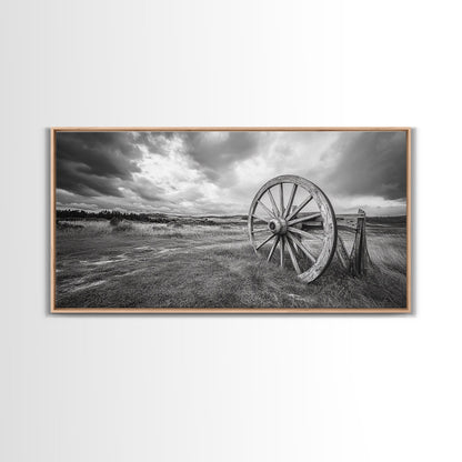 Prairie Wagon Wheel, Western Landscape, Rustic Field, Canvas Print, Country Farmhouse Wall Art, Fall Rustic Decor, Black And White Art