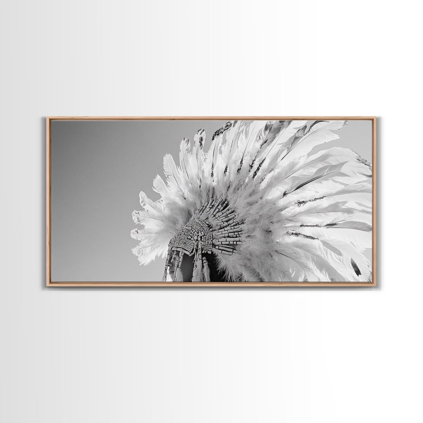 Kopfschmuck der Ureinwohner, Federkrone, Kulturelle Hommage, Leinwanddruck, Boho-Ethno-Dekor, Wandbild fürs Schlafzimmer, Monochromer indigener Stil