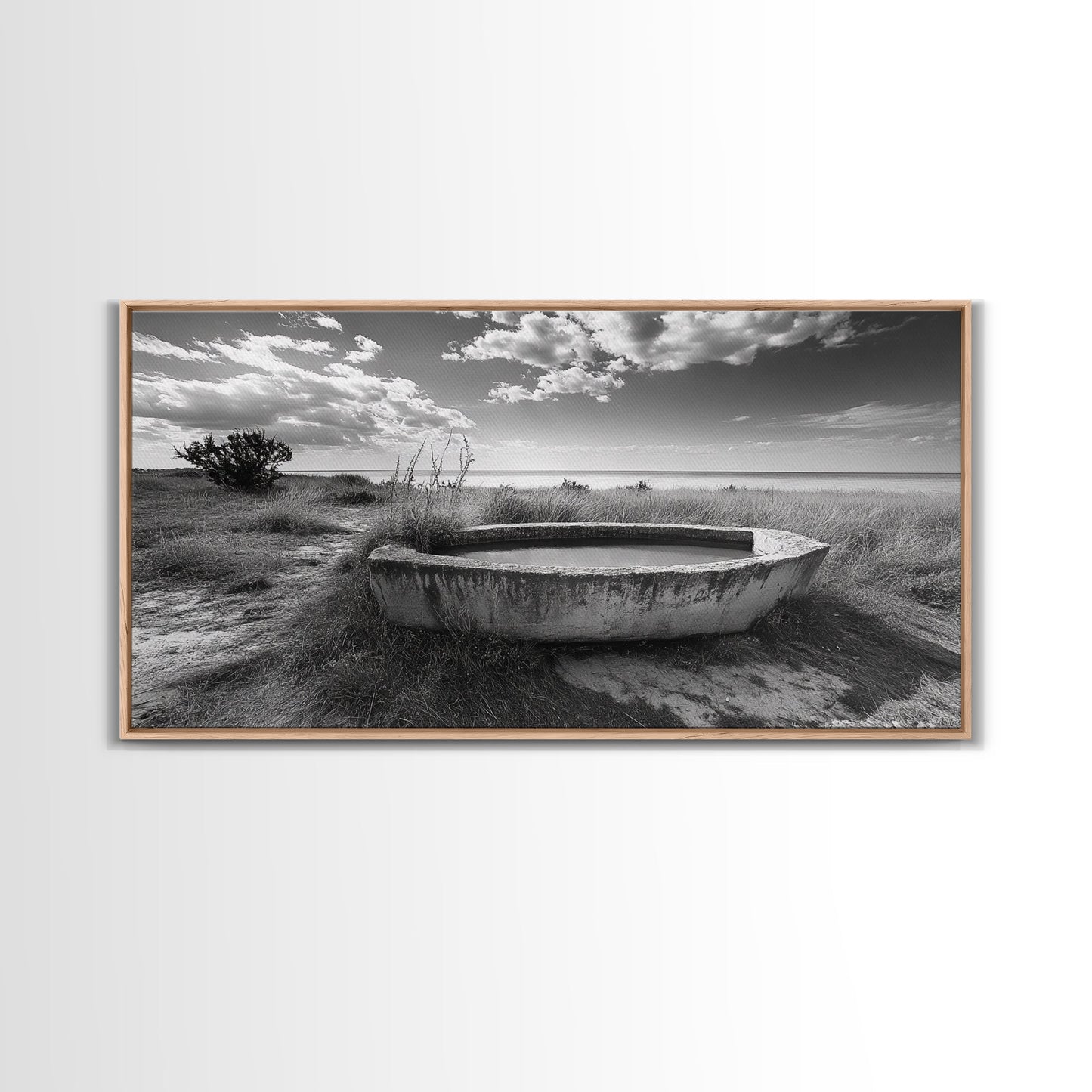 Concrete Trough, Coastal Horizon, Grassy Shoreline, Canvas Print, Rustic Farmhouse Bathroom Art, Minimalist Nature, Fall Beach Wall Decor