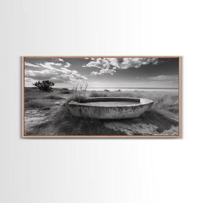 Concrete Trough, Coastal Horizon, Grassy Shoreline, Canvas Print, Rustic Farmhouse Bathroom Art, Minimalist Nature, Fall Beach Wall Decor