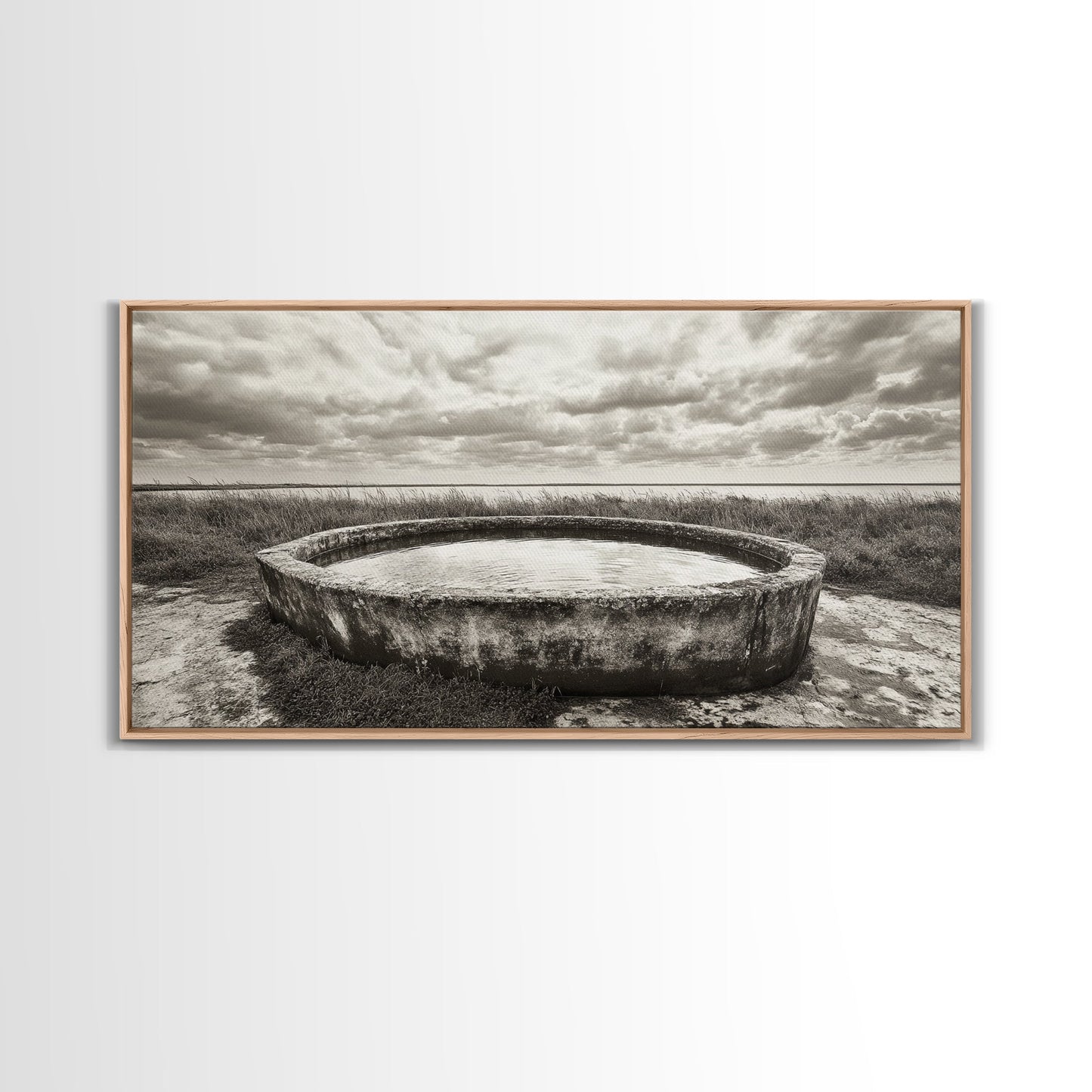 Water Trough, Overcast Skies, Ocean Breeze, Framed Canvas Print, Country Rustic Wall Art, Sepia Toned Fall Decor, Entryway Or Den Art