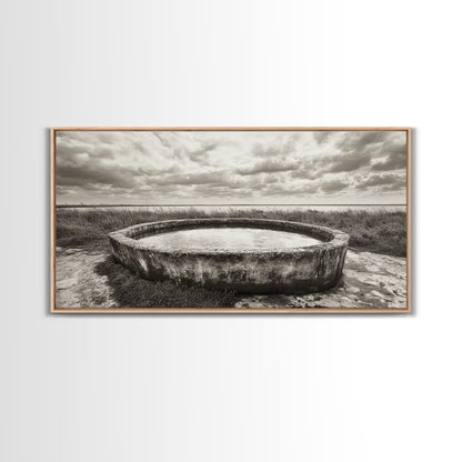 Water Trough, Overcast Skies, Ocean Breeze, Framed Canvas Print, Country Rustic Wall Art, Sepia Toned Fall Decor, Entryway Or Den Art