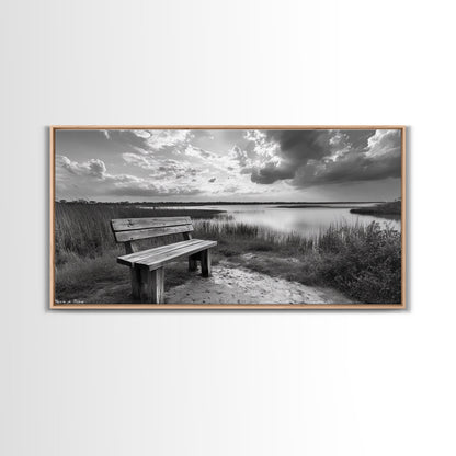 Lakeside Bench, Calm Waters, Sunset View, Canvas Print, Tranquil Nature Photography, Living Room Wall Art, Serene Outdoor Fall Landscape