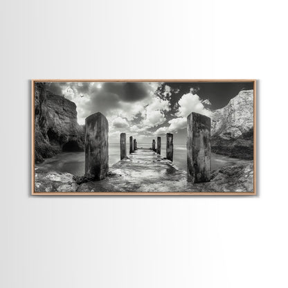 Ocean Pier, Seaside Dock, Crashing Waves, Canvas Print, Dramatic Coastal Wall Art, Black And White Decor, Bathroom Or Hallway Photography