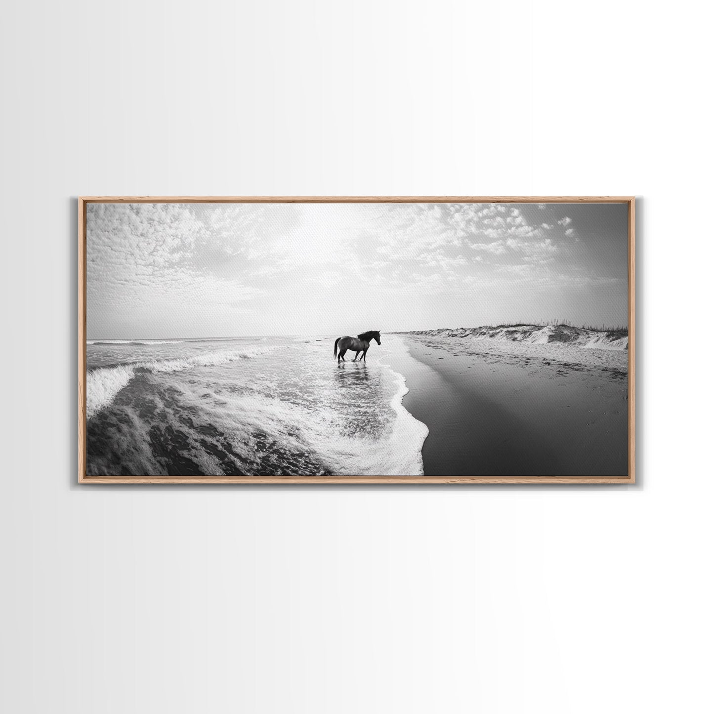 Wild Horse Beach, Coastal Nature Art, Minimalist Animal Photography, Serene Landscape, Neutral Bedroom Decor, Framed Canvas Print