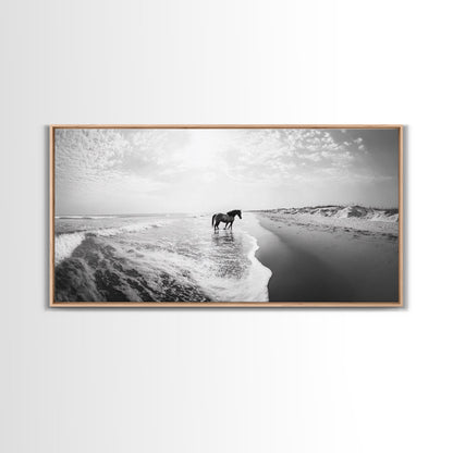 Wild Horse Beach, Coastal Nature Art, Minimalist Animal Photography, Serene Landscape, Neutral Bedroom Decor, Framed Canvas Print