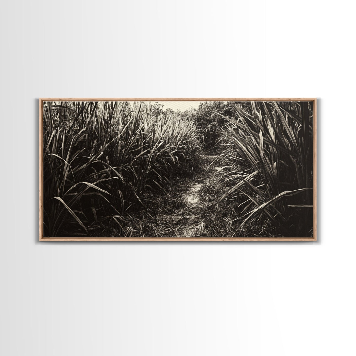 Grasbewachsener Pfad, Naturmotiv, Rustikale Landschaft, Naturnahe Wohndekoration, Herbstliche Flurkunst, Gerahmter Leinwanddruck