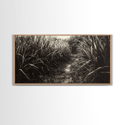 Grasbewachsener Pfad, Naturmotiv, Rustikale Landschaft, Naturnahe Wohndekoration, Herbstliche Flurkunst, Gerahmter Leinwanddruck