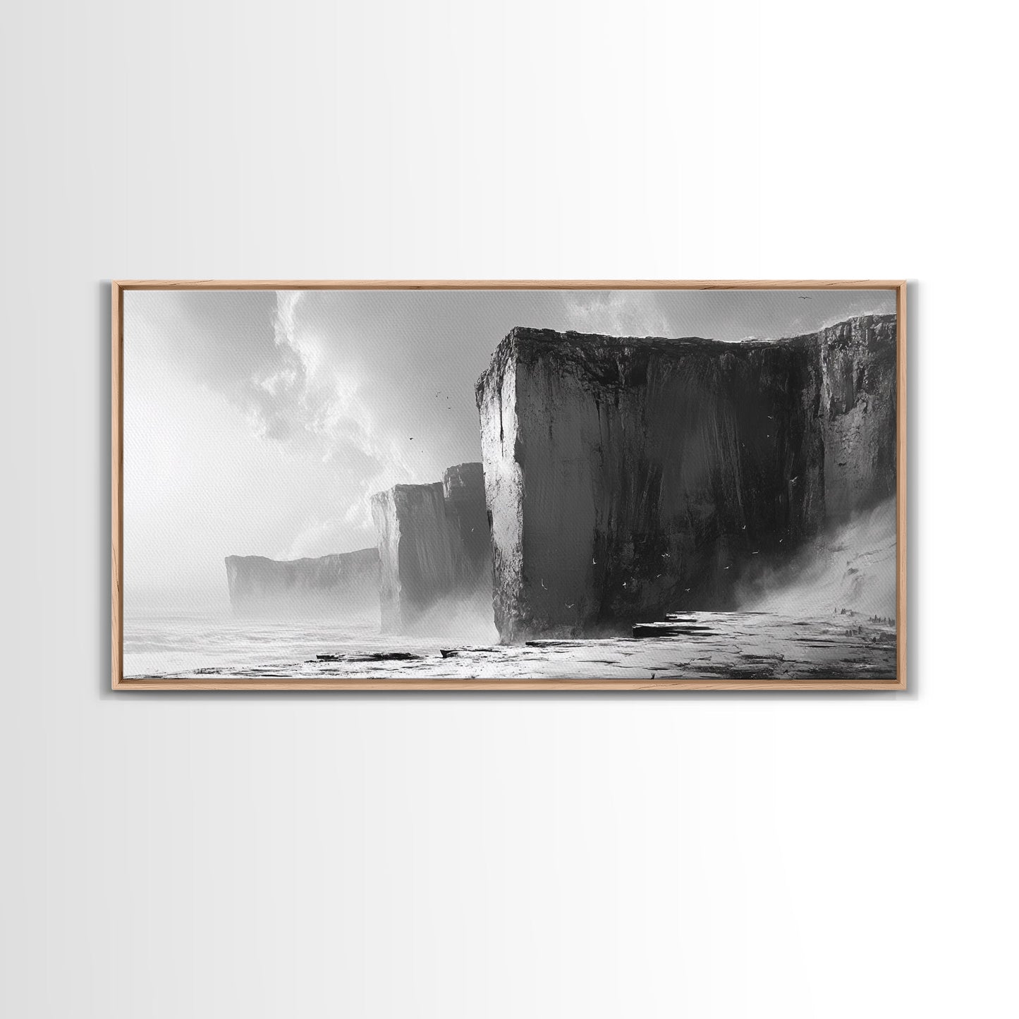 Ocean Cliffs, Towering Rock, Misty Coast, Rugged Seascape, Canvas Print, Moody Wall Art, Office Decor, Dramatic Landscape, Office Decor