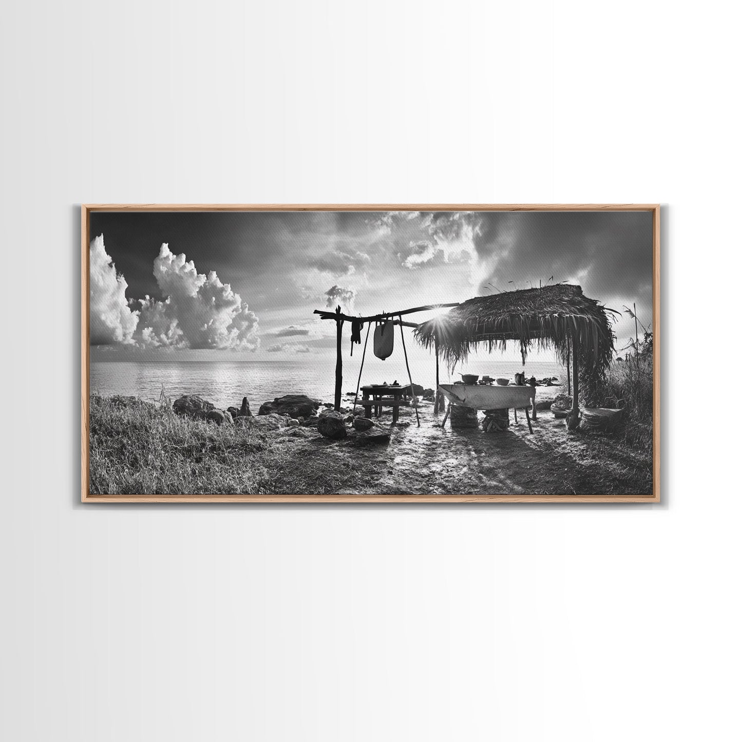 Beach Shack, Driftwood Table, Seaside Shelter, Sun Rays, Canvas Print, Rustic Coastal Art, Boho Decor, Dining Room Wall Art, Cabin Wall Art