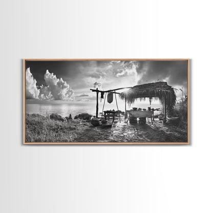 Beach Shack, Driftwood Table, Seaside Shelter, Sun Rays, Canvas Print, Rustic Coastal Art, Boho Decor, Dining Room Wall Art, Cabin Wall Art