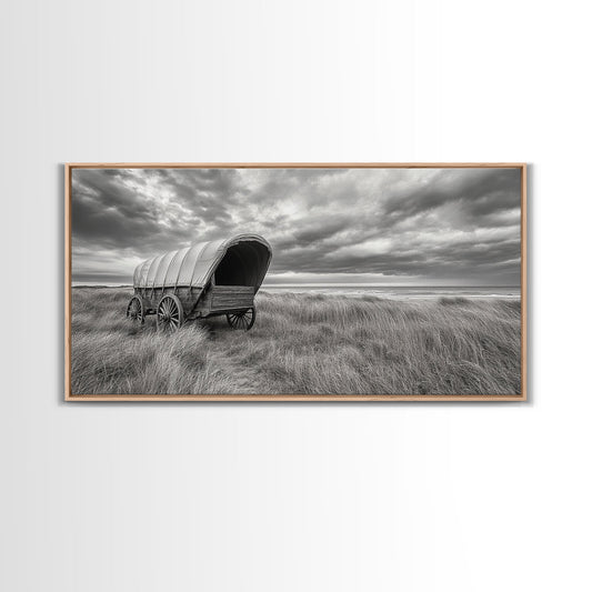 Prairie Wagon, Coastal Grass, Covered Cart, Western Landscape, Framed Canvas Print, Rustic Fall Art, Living Room Wall Decor