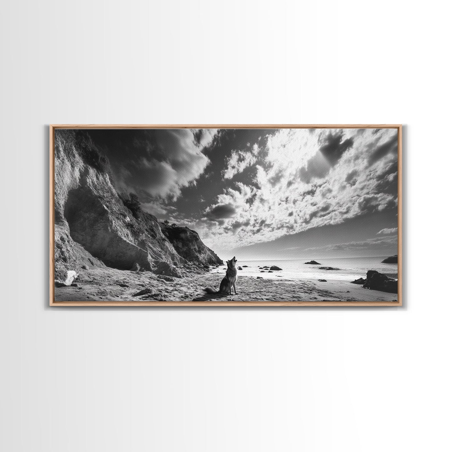 Howling Dog, Seaside Cliffs, Cloudy Sky, Wild Beach, Canvas Print, Nature Animal Art, Rustic Fall Wall Decor, Entryway Accent, Bedroom Wall Art