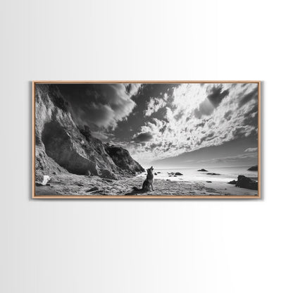 Howling Dog, Seaside Cliffs, Cloudy Sky, Wild Beach, Canvas Print, Nature Animal Art, Rustic Fall Wall Decor, Entryway Accent, Bedroom Wall Art