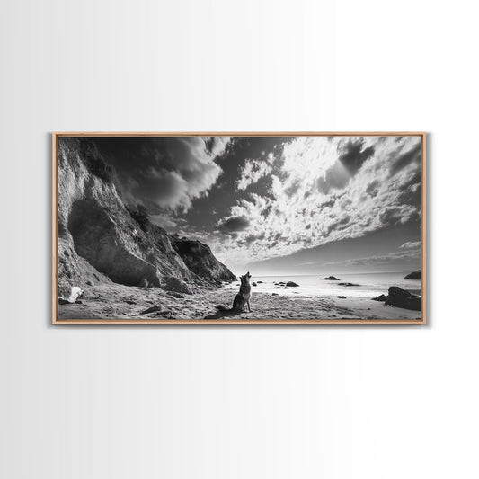 Howling Dog, Seaside Cliffs, Cloudy Sky, Wild Beach, Canvas Print, Nature Animal Art, Rustic Fall Wall Decor, Entryway Accent, Bedroom Wall Art