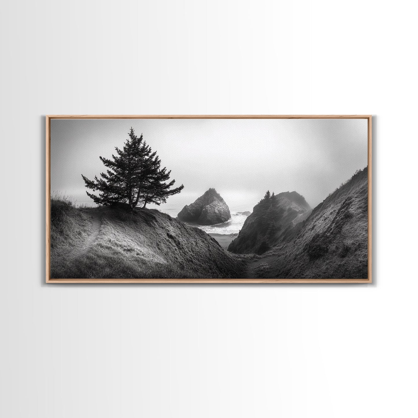 Coastal Cliff Scene, Evergreen Ocean Landscape, Pacific Northwest View, Framed Canvas Print, Nature Inspired Wall Art, Minimalist Decor