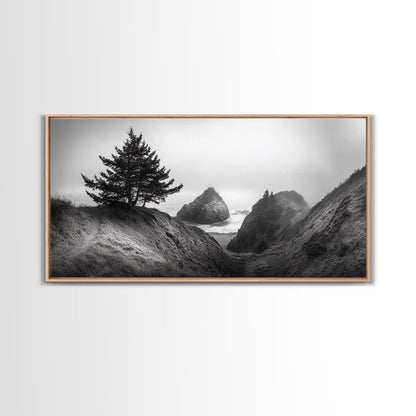 Coastal Cliff Scene, Evergreen Ocean Landscape, Pacific Northwest View, Framed Canvas Print, Nature Inspired Wall Art, Minimalist Decor