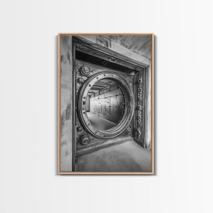 Bank Vault Door, Industrial Design, Urban Texture, Canvas Print, Masculine Office Decor, Steampunk Wall Art, Black White Print