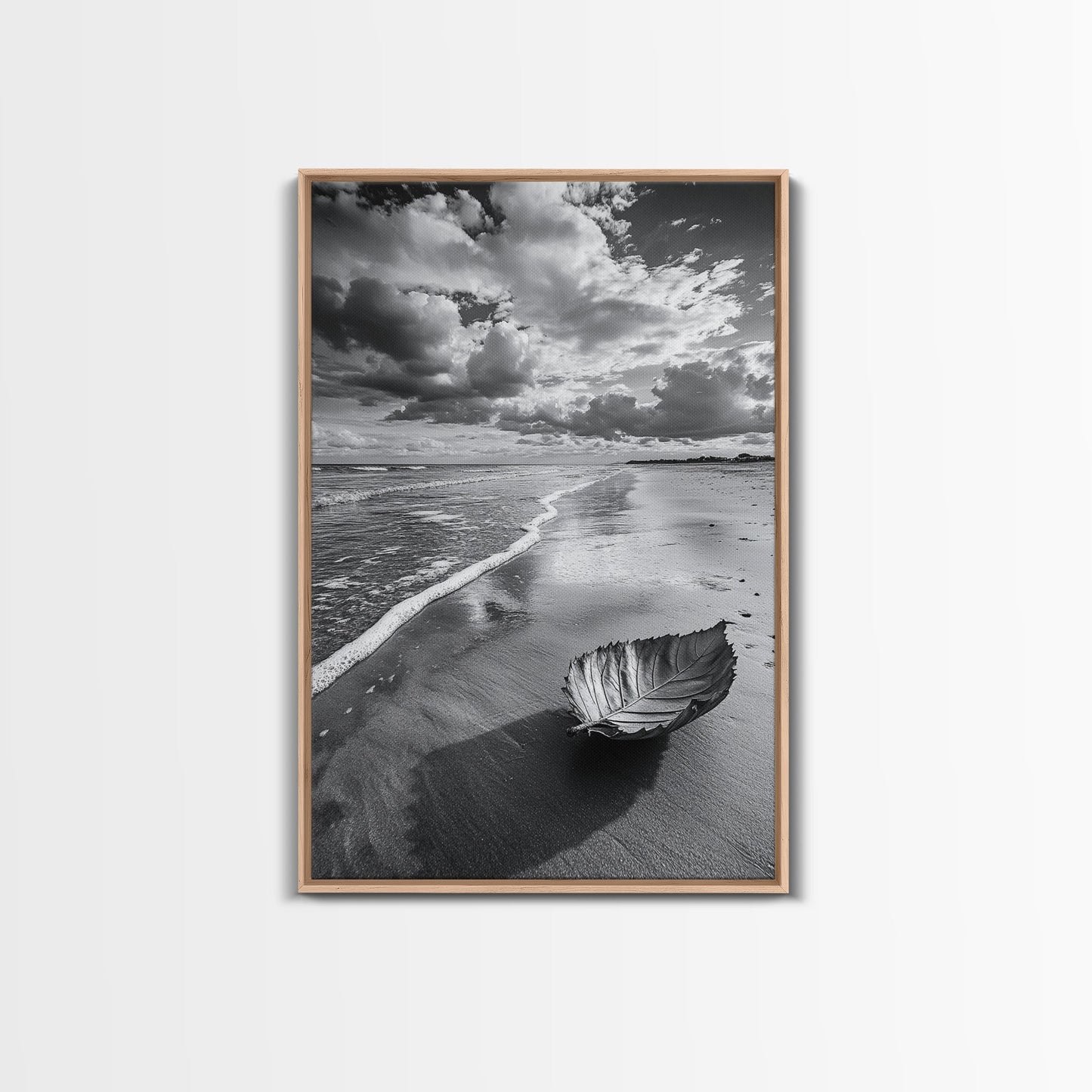 Autumn Beach Leaf, Drift Shore, Moody Cloudscape, Black and White Fall Art, Framed Canvas Print, Seasonal Wall Decor, Rustic Autumn Style