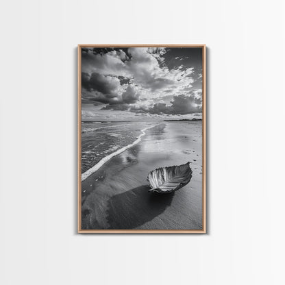 Autumn Beach Leaf, Drift Shore, Moody Cloudscape, Black and White Fall Art, Framed Canvas Print, Seasonal Wall Decor, Rustic Autumn Style