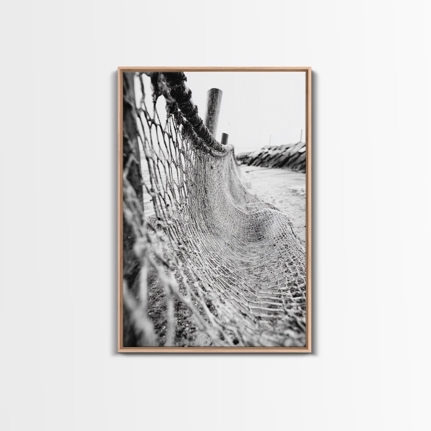 Coastal Net, Beach Texture, Nautical Vibe, Ocean Fence, Framed Canvas Print, Bathroom Wall Art, Coastal Cottage Style, Monochrome Beach Art