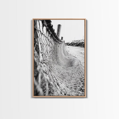Coastal Net, Beach Texture, Nautical Vibe, Ocean Fence, Framed Canvas Print, Bathroom Wall Art, Coastal Cottage Style, Monochrome Beach Art