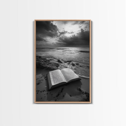 Book Beach Twilight, Reading By Ocean, Literary Seascape, Canvas Print, Study Wall Art, Moody Literary Art, Minimalist Coastal Decor